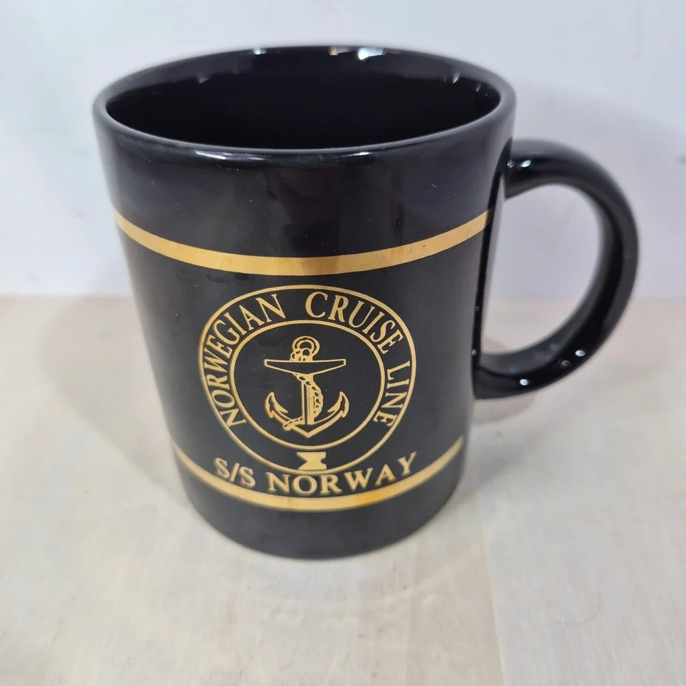 Norwegian Cruise Line S/S Norway Coffee Mug Black Gold Anchor Souvenir Nautical